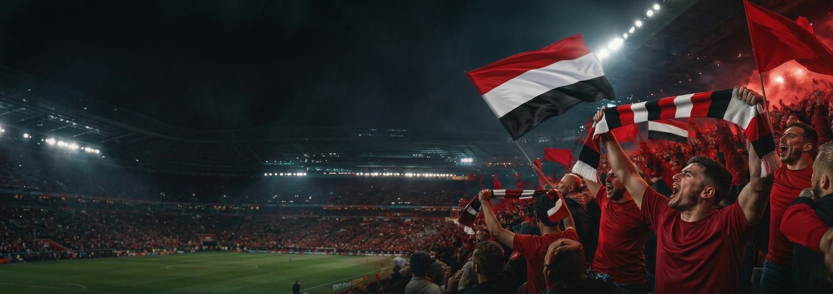 Manchester United supporters celebrating with flags and scarves under the floodlights